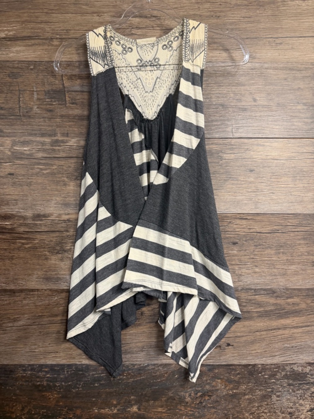 Striped Handkerchief Hem Tank with Crochet Yoke - Gray and Cream